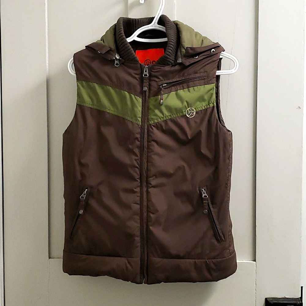 Orb women's brown and green board-style puffer jacket vest size small